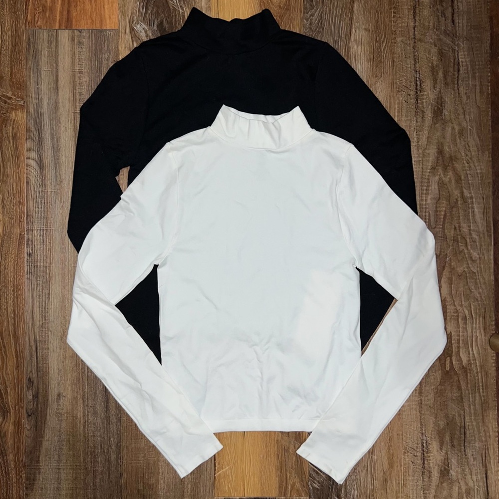 AURA Mock Neck Yoga Stretch Long Sleeve Tops - Black/White, Size XL/XXL